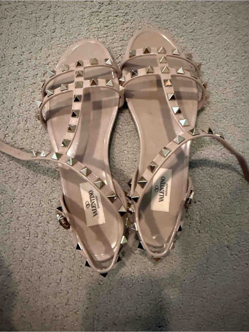 Valentino Garavani Rockstud Nude Pink Leather Strappy Flat Sandals